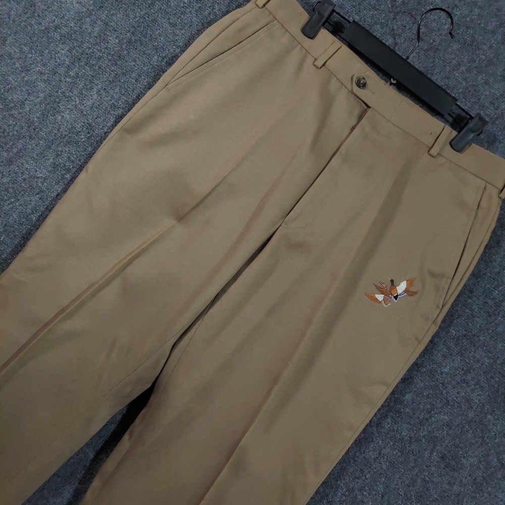 Duck Embroidered Pants Mens Fits 34x32 Khaki Pleated‎ Chino Hunting Teflon Field